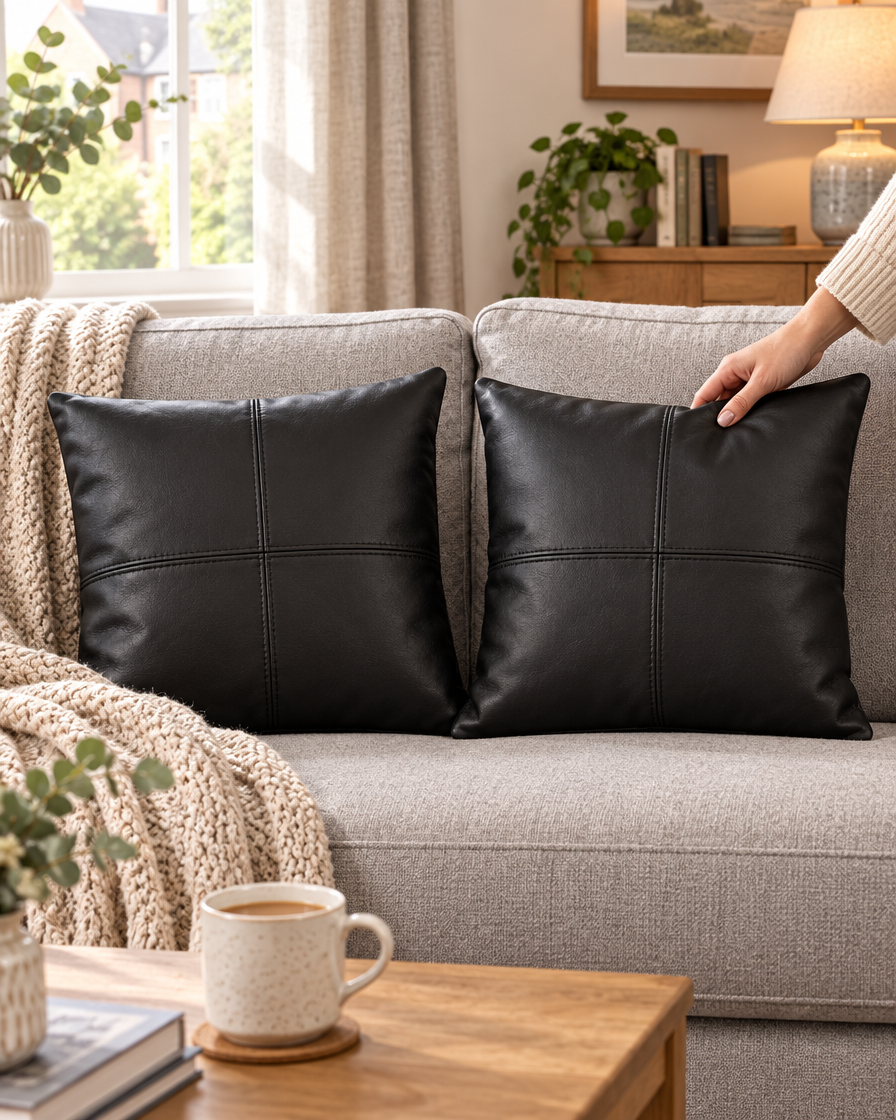 Black Hadley faux leather cushions on a grey sofa in a cosy British living room