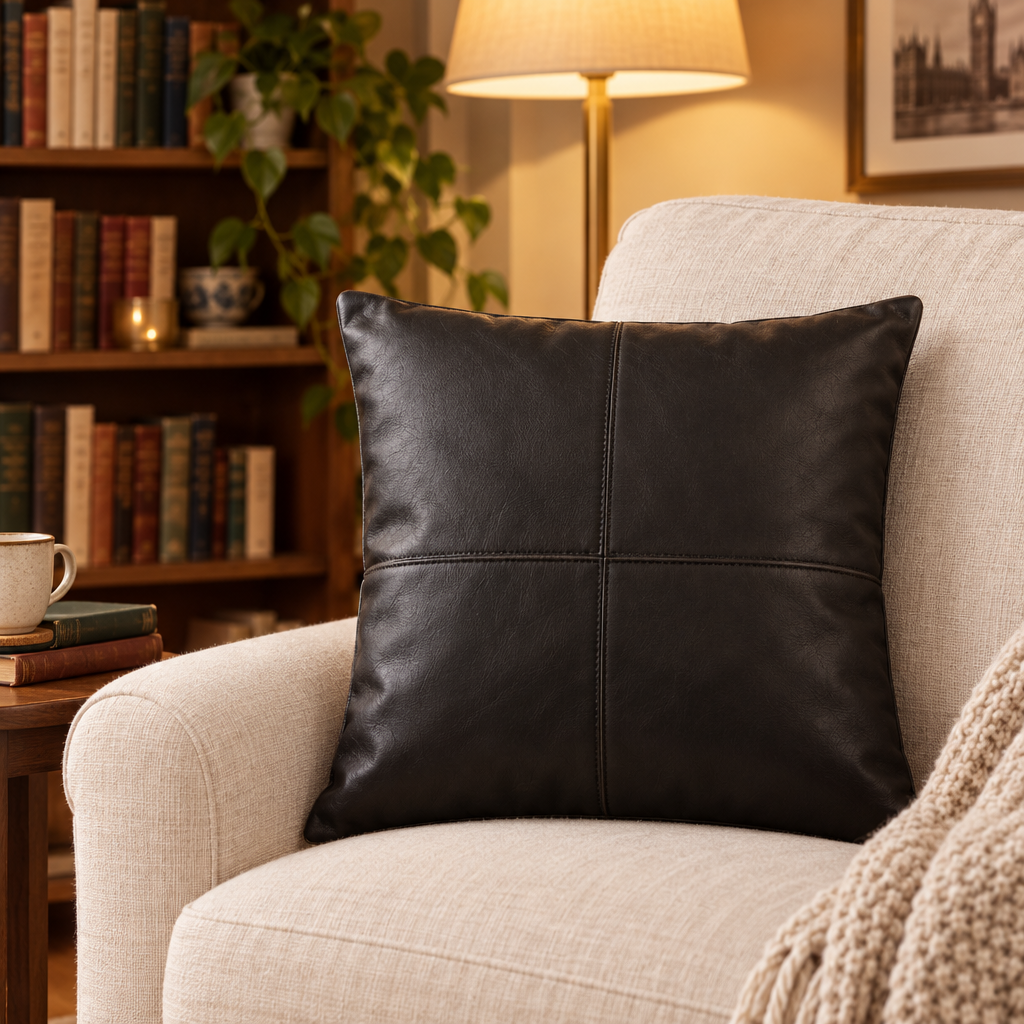 Black faux leather cushion on a cream armchair in a reading nook