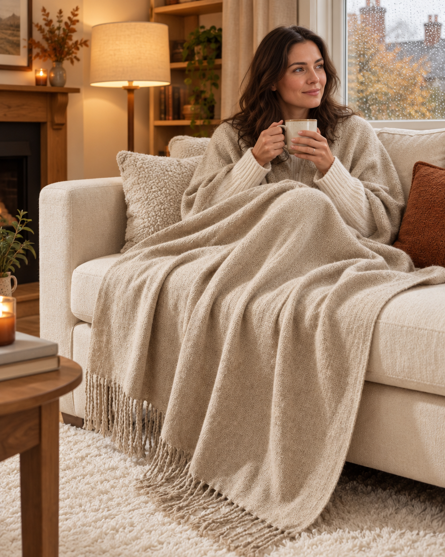 Woman wrapped in the khaki Rowan knitted throw on a sofa on a rainy day