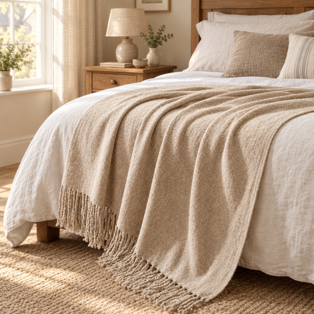 Khaki knitted throw across the foot of a bed