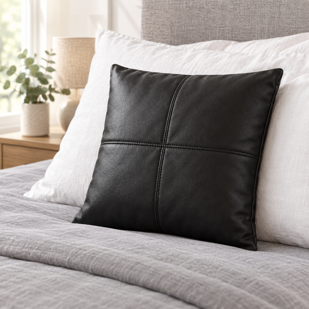 Black faux leather cushion on a made bed