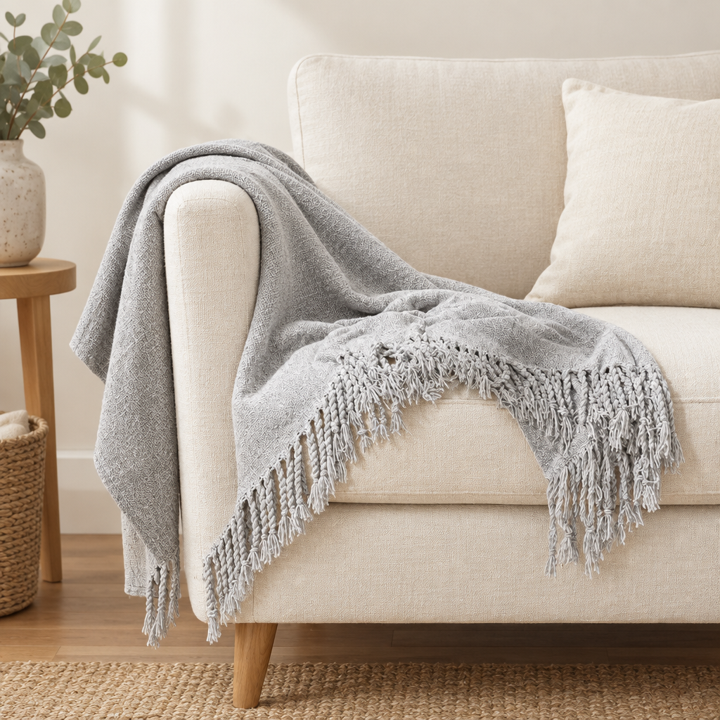 Rowan knitted throw blanket in light grey