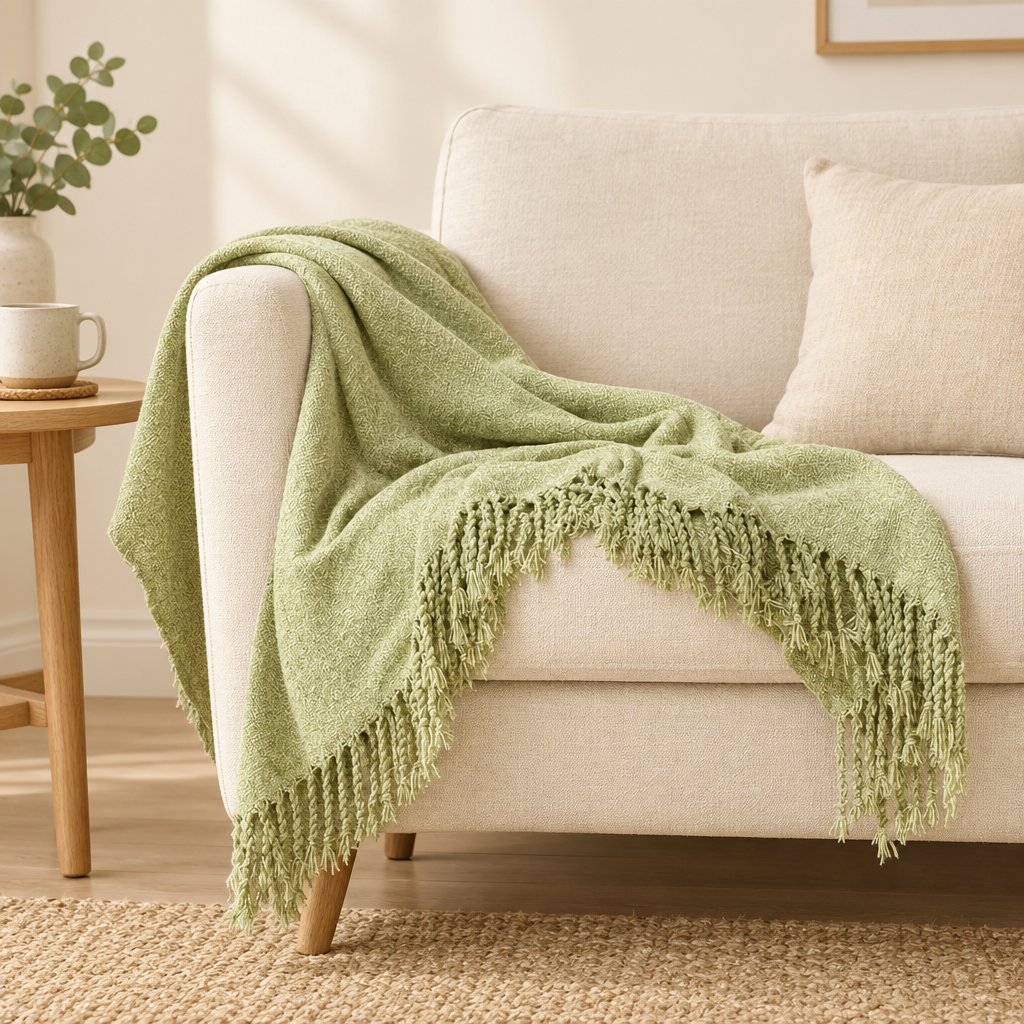 Rowan knitted throw blanket in matcha green