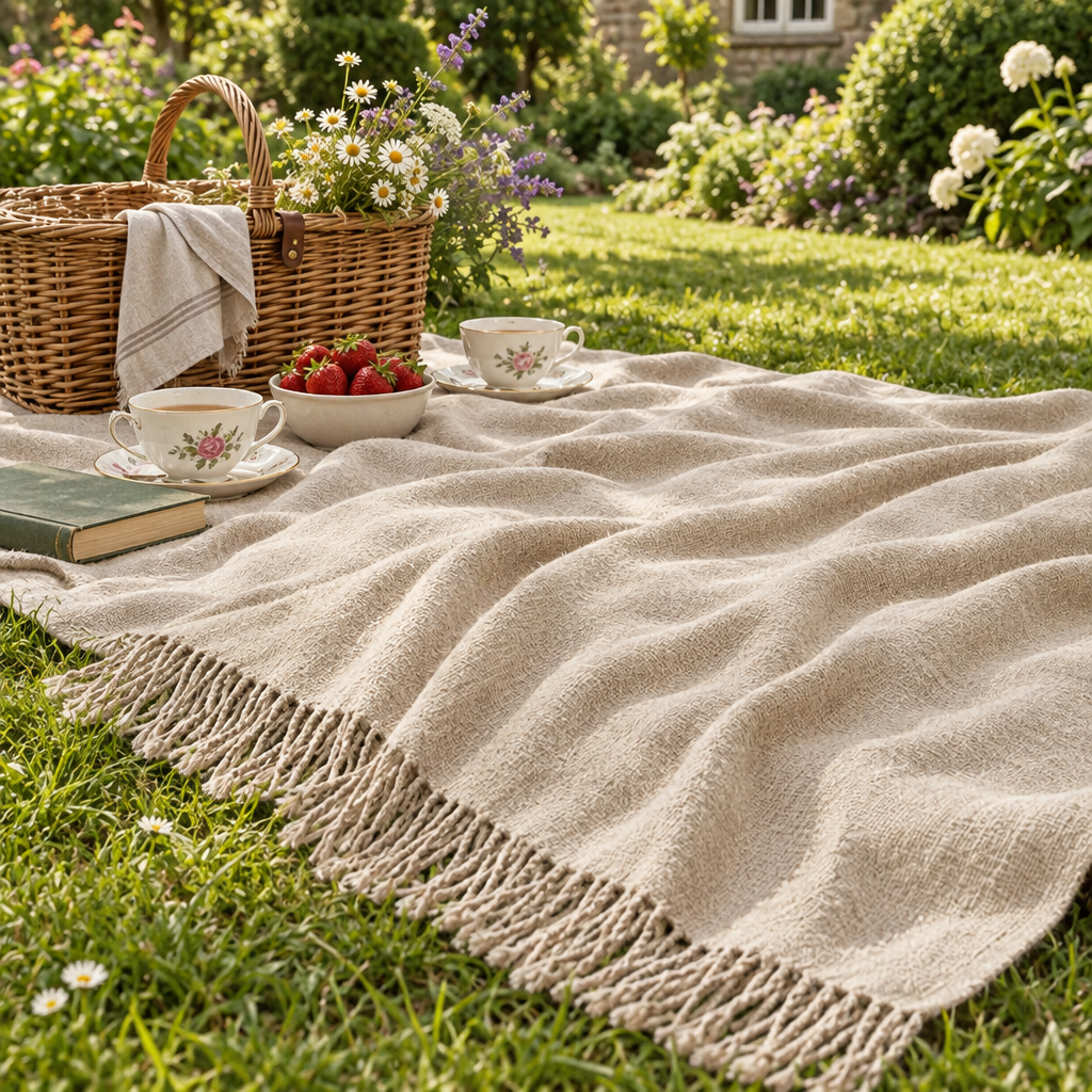 Khaki knitted throw used as a picnic blanket in an English garden