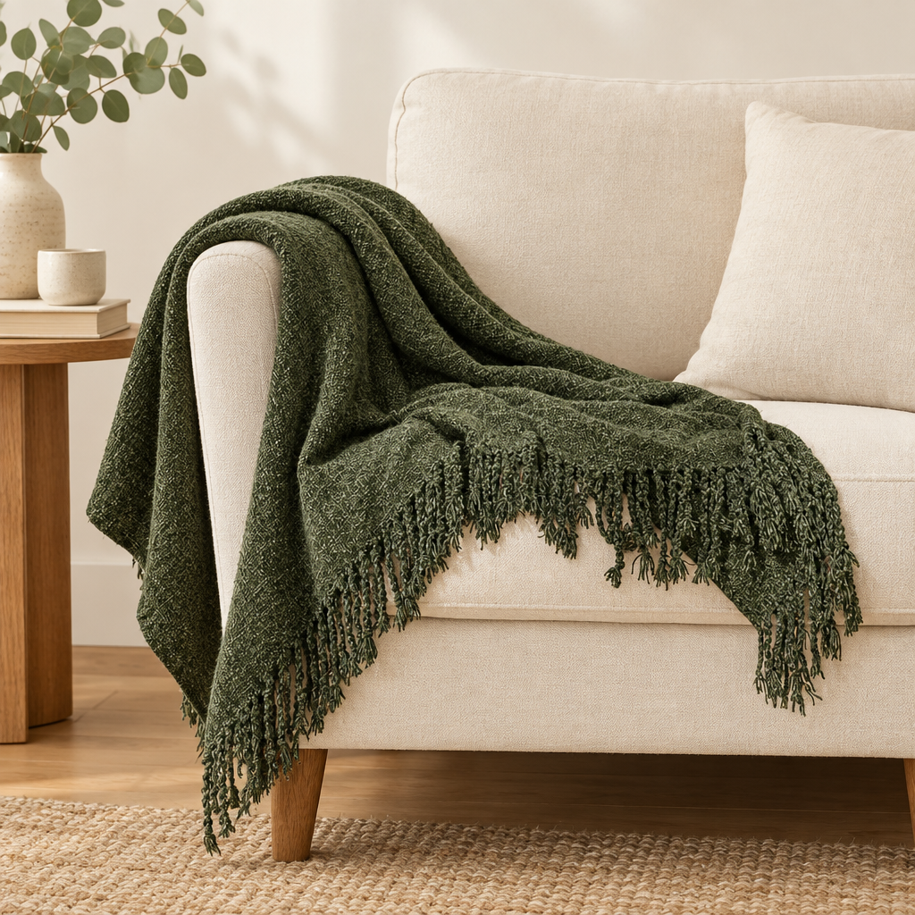 Rowan knitted throw blanket in army green