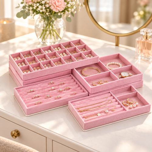 Pink jewellery trays on a dressing table holding jewellery
