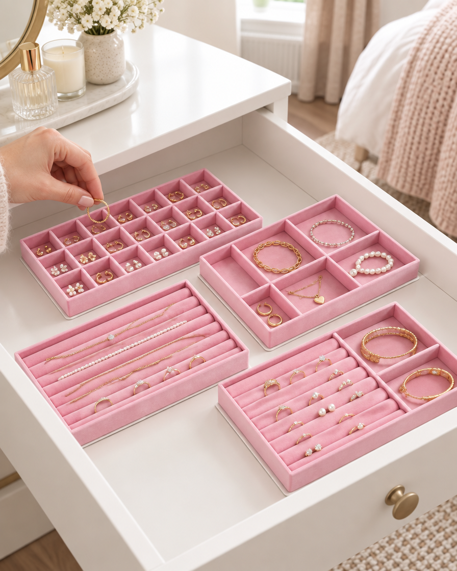 Hand placing a ring into pink Averley velvet jewellery trays in a dressing table drawer
