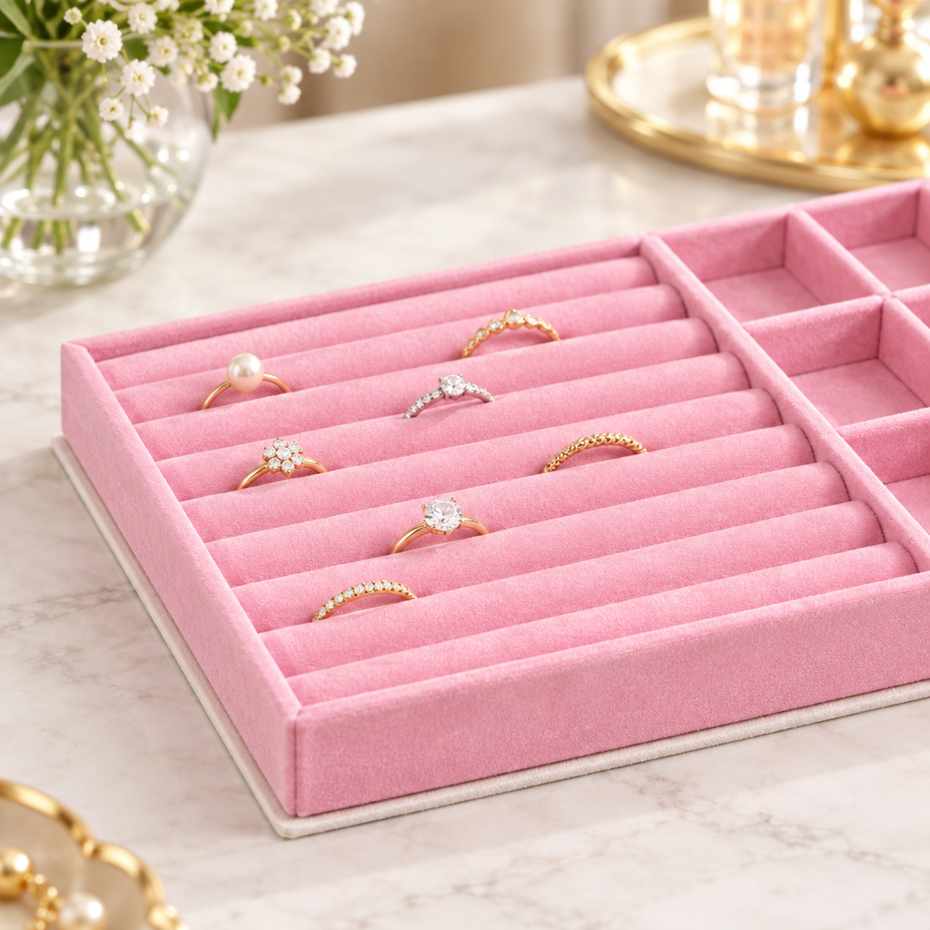 Close-up of rings in the velvet ring slots