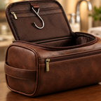 Close-up of the metal hook and zip on the toiletry bag