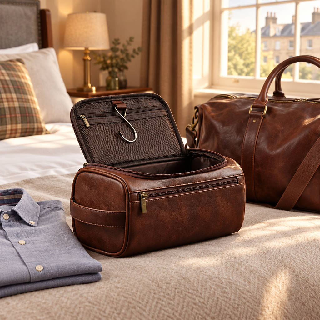 Toiletry bag packed with a shirt and weekend bag on a bed