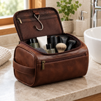 Open toiletry bag on a bathroom counter