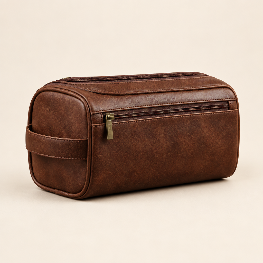 Brackley faux leather hanging toiletry bag in dark brown