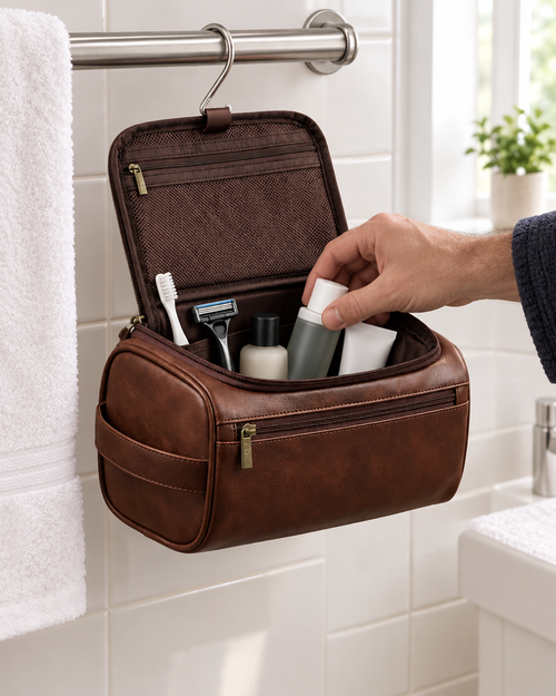 Dark brown Brackley toiletry bag hanging from a towel rail in a hotel bathroom