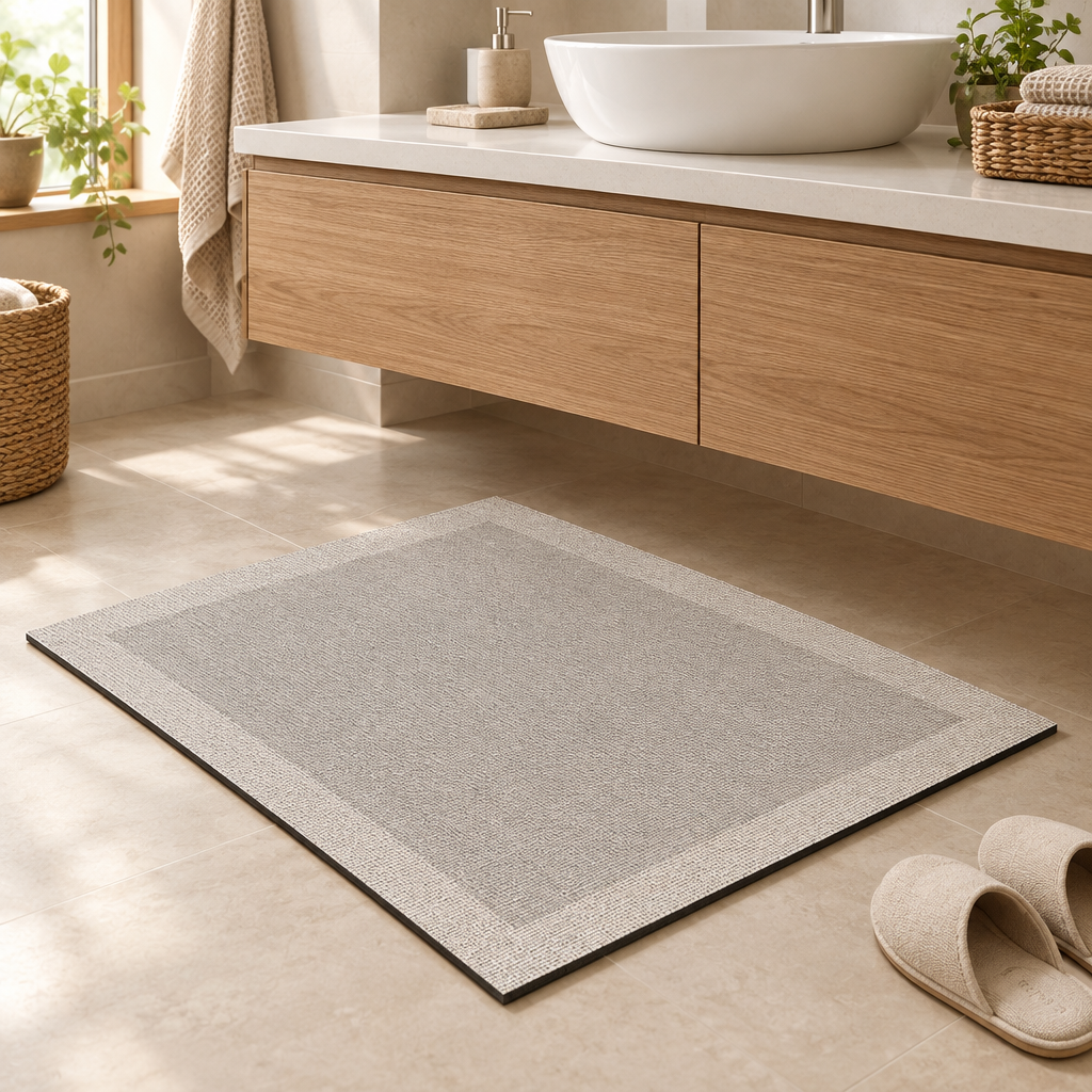 Bath mat in front of a bathroom vanity with slippers