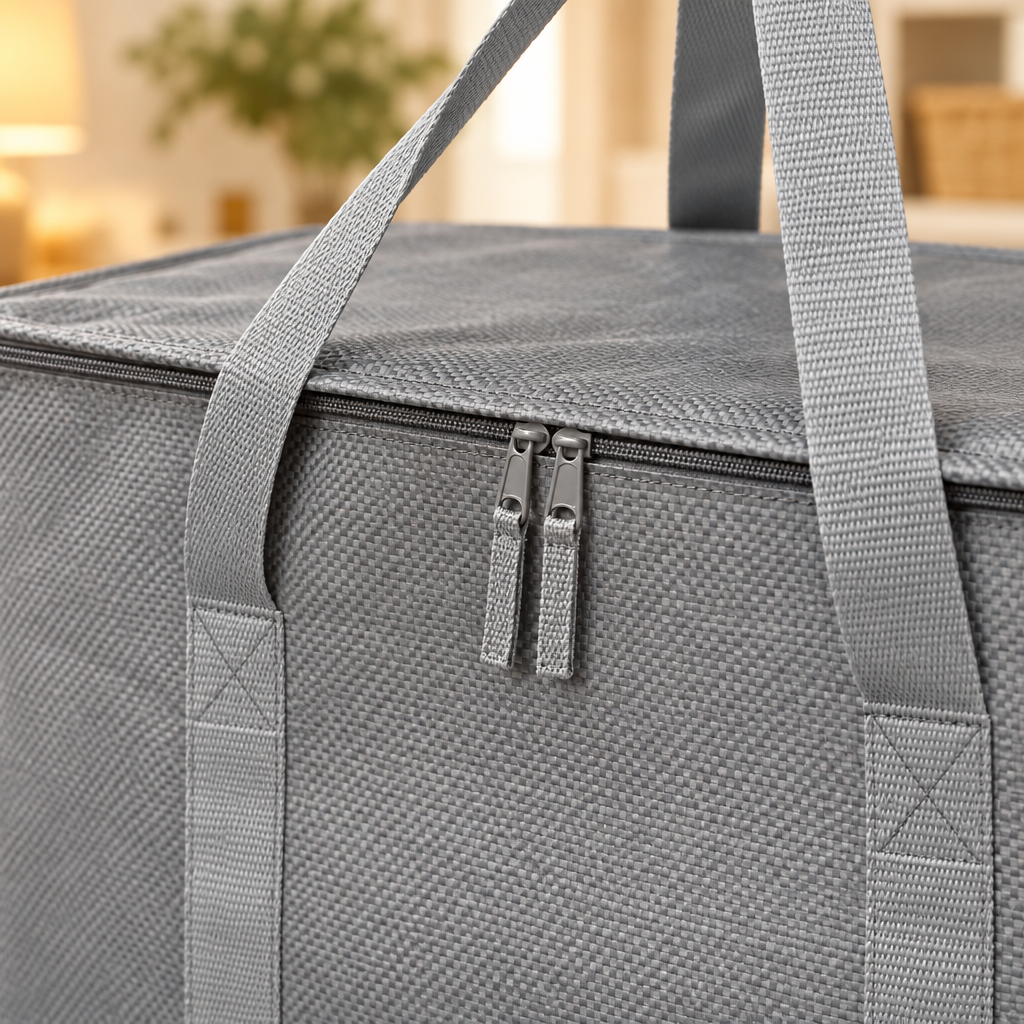 Close-up of the zip and stitched handle