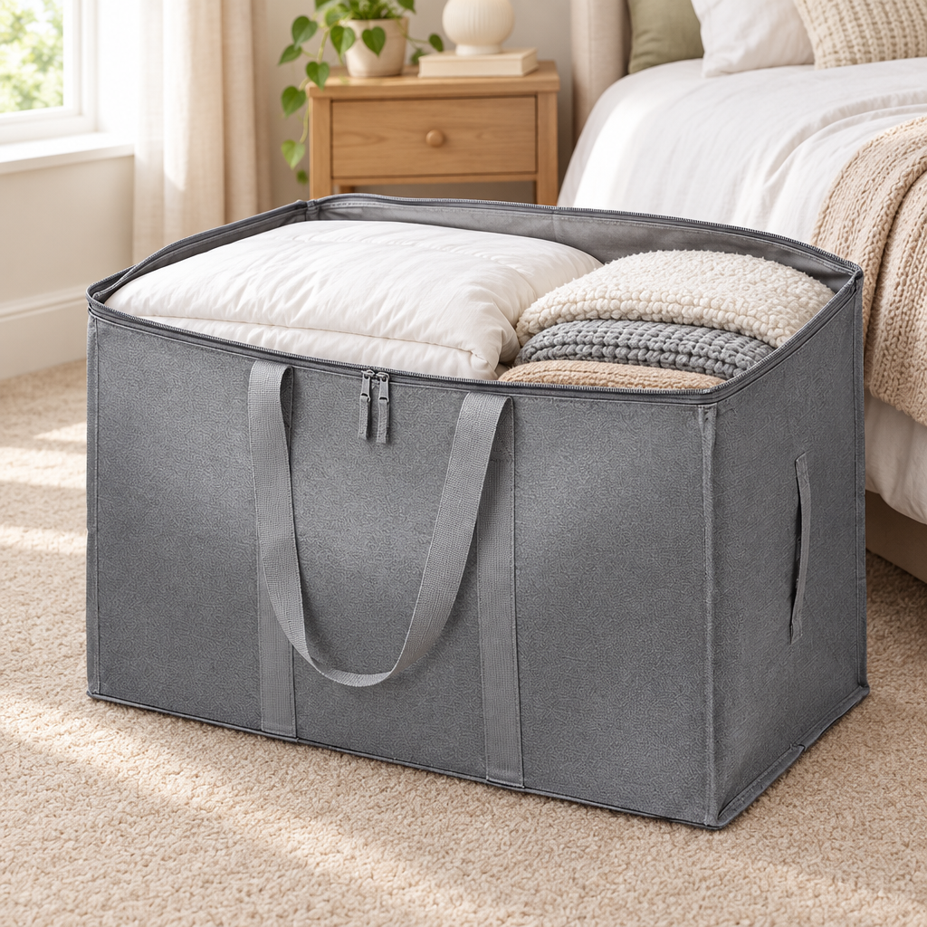 Open storage bag filled with a folded duvet