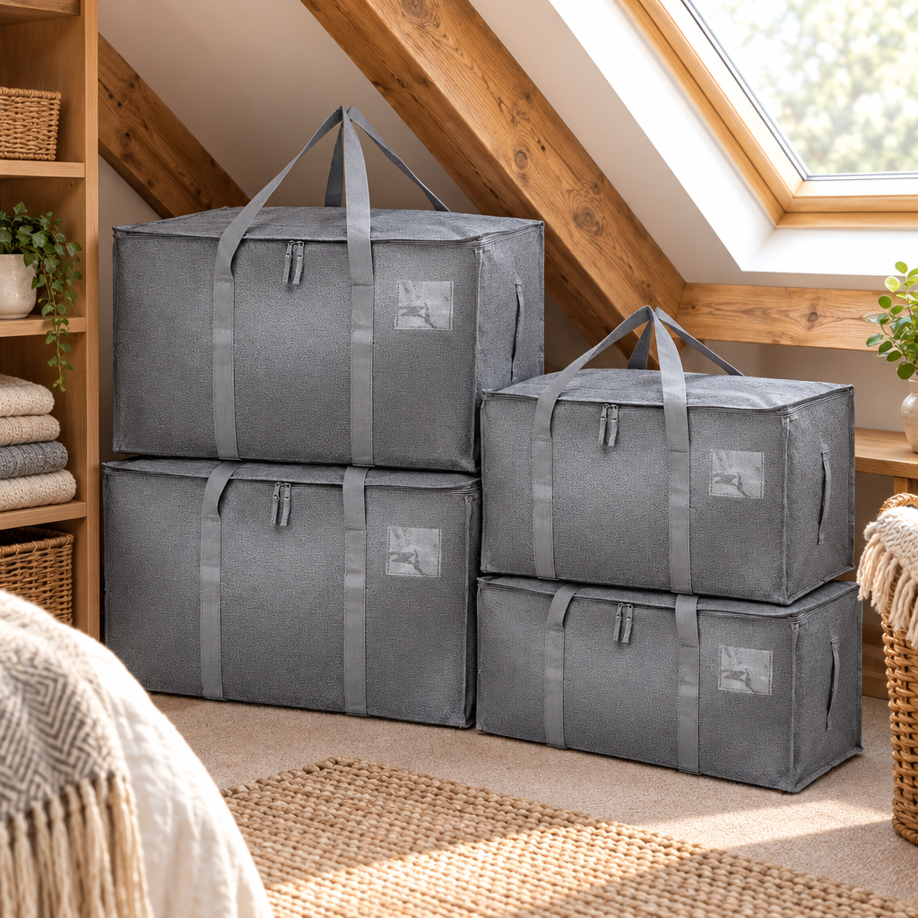 Grey storage bags stacked neatly in a loft