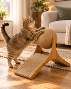 Tabby cat scratching the sisal ball of the Mousehole wooden cat scratcher
