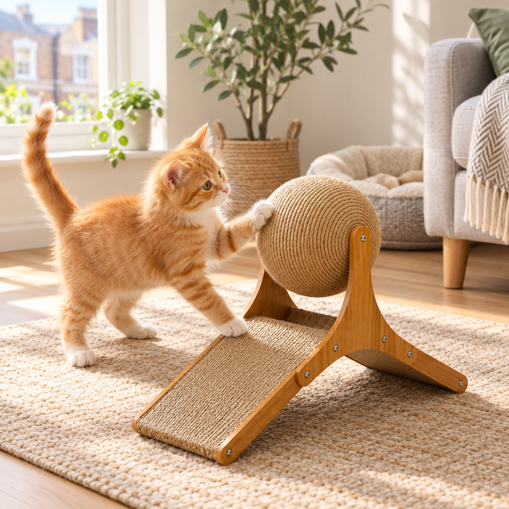 Kitten playing with the sisal ball scratcher by a window