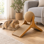 Cat scratcher on an oak floor next to a sofa with a relaxed cat