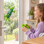 Girl steering the remote control lizard up a glass patio door