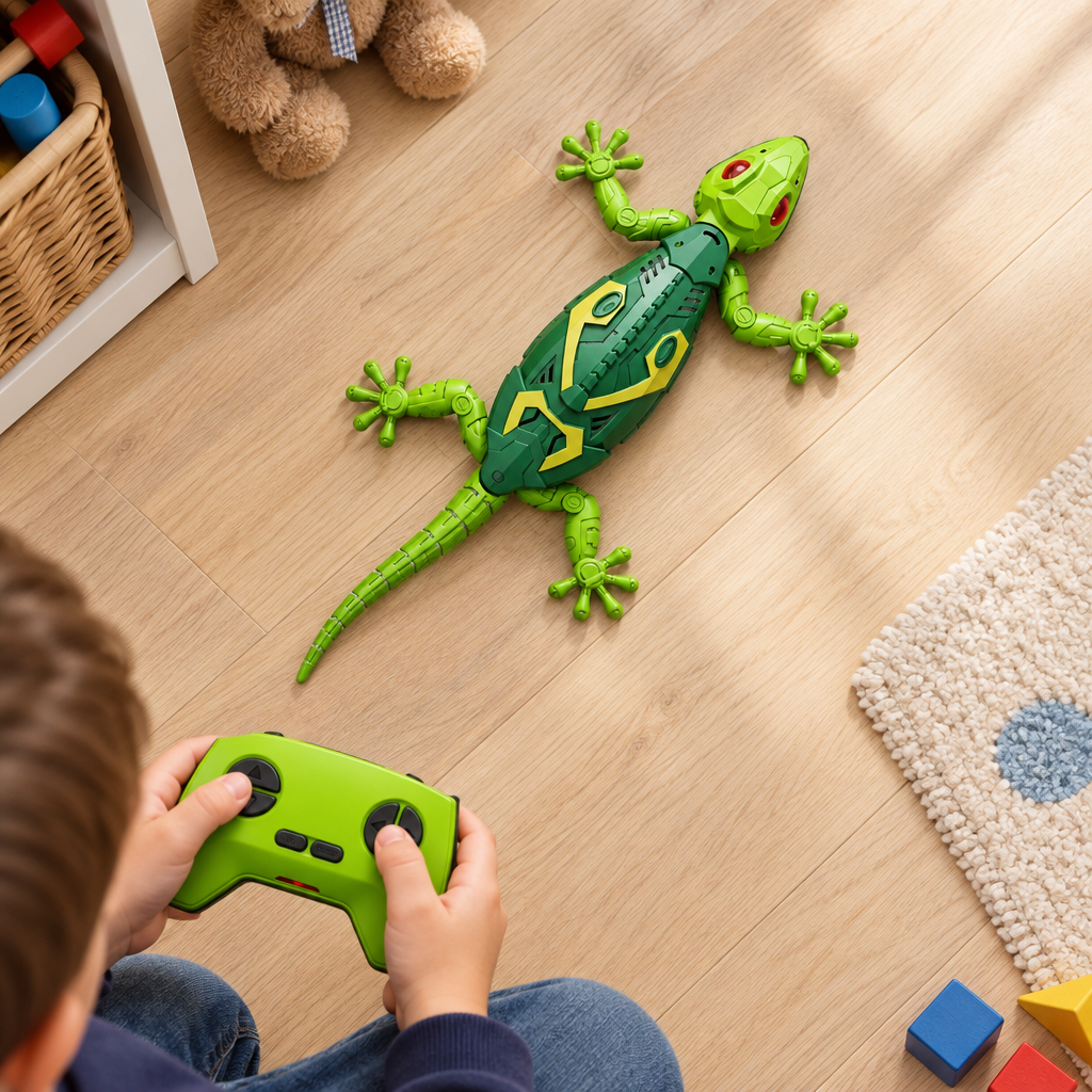 Remote control lizard crawling across a playroom floor