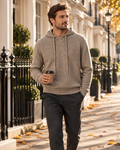 Man wearing the camel Ashcombe premium knit hoodie on a Georgian London street