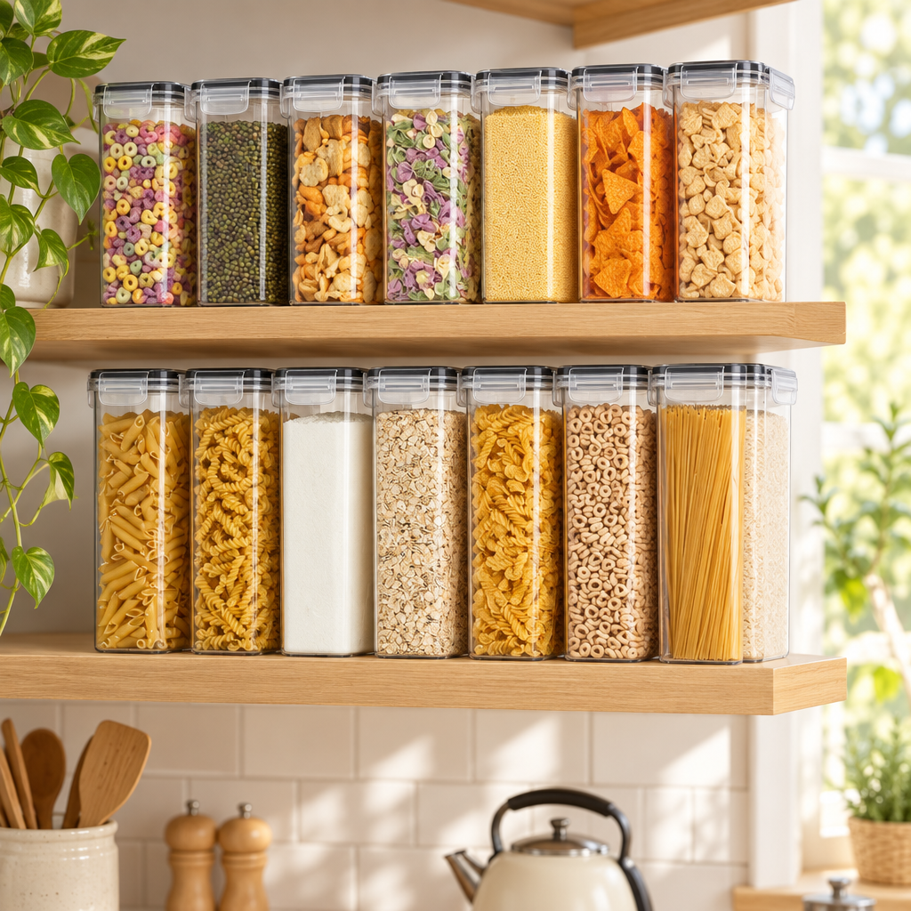 Airtight containers filled with dry food on an open kitchen shelf