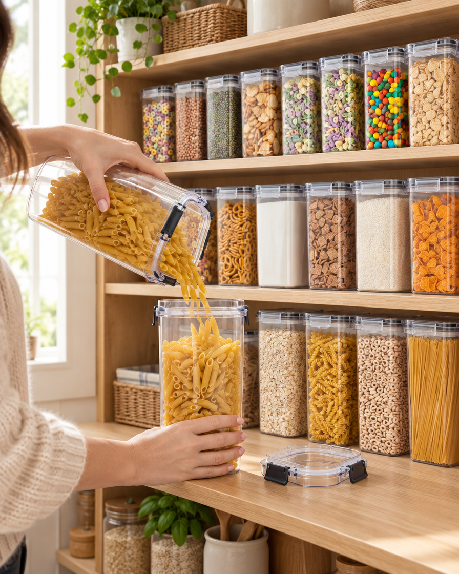 Pouring pasta into a Larchfield airtight container in an organised pantry