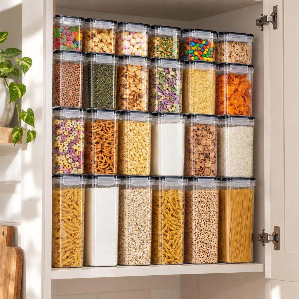 Containers stacked neatly inside a kitchen cupboard