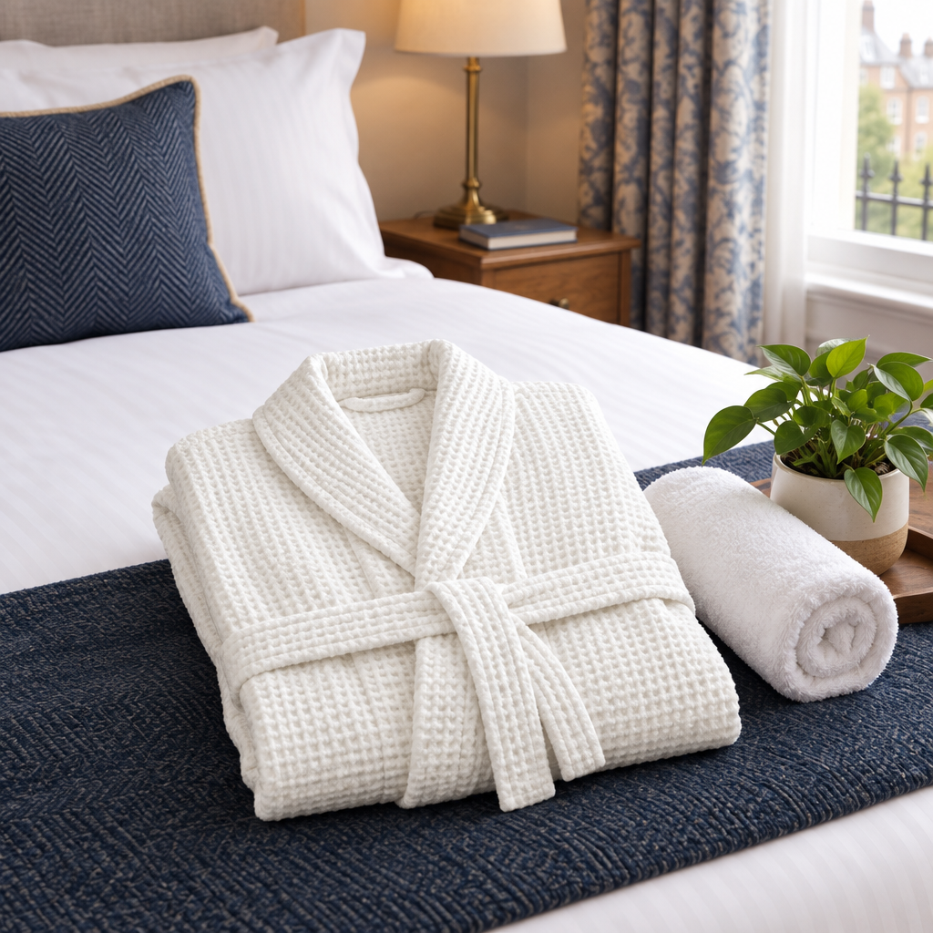 Dressing gown folded on a hotel-style bed
