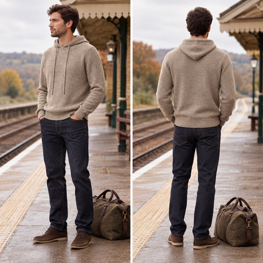 Camel knit hoodie worn with jeans on a railway platform