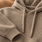 Close-up of the fine knit, ribbed cuff and drawstring