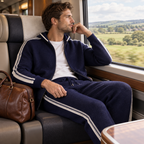 Travelling first class in the navy knit tracksuit