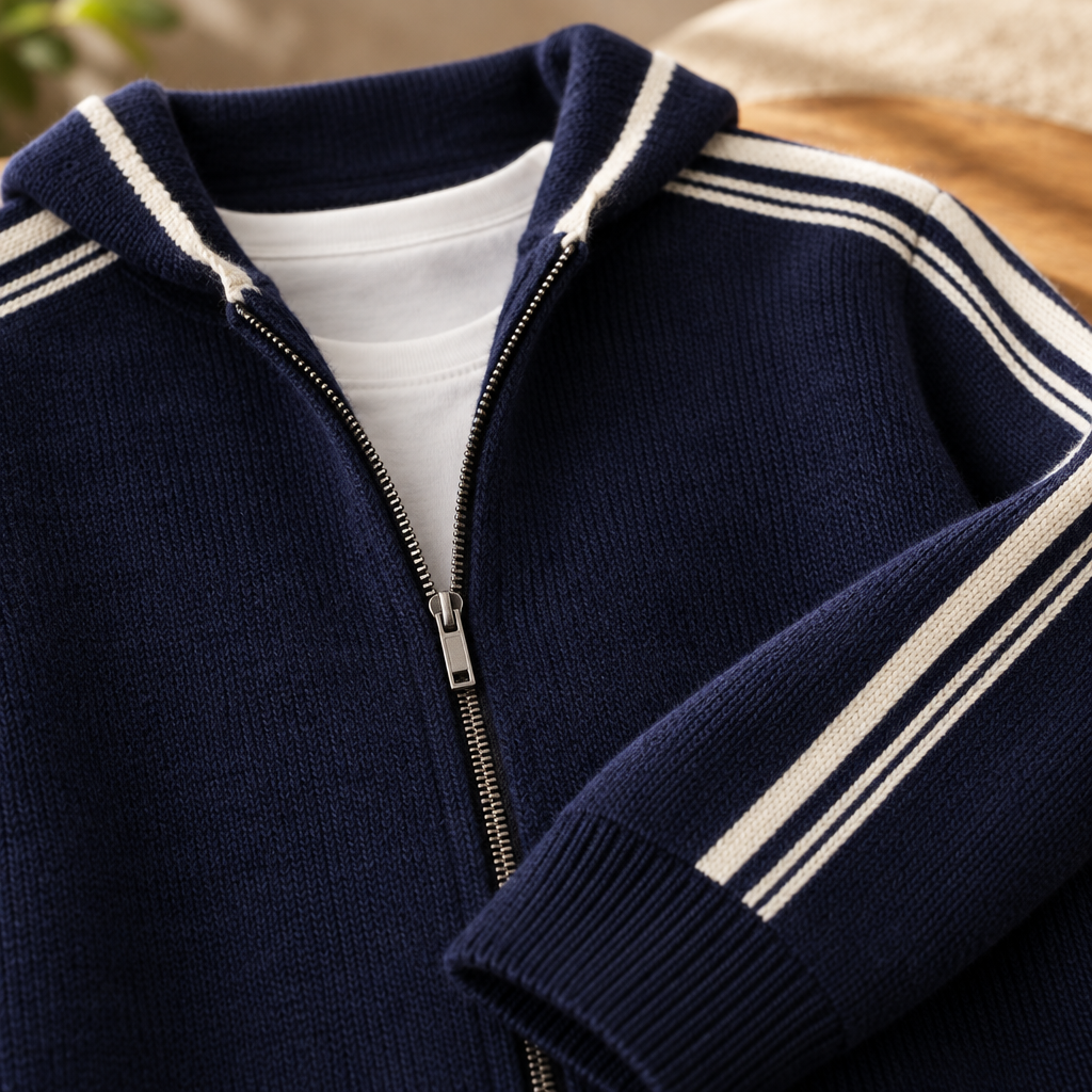 Close-up of the knit texture, zip and contrast stripes