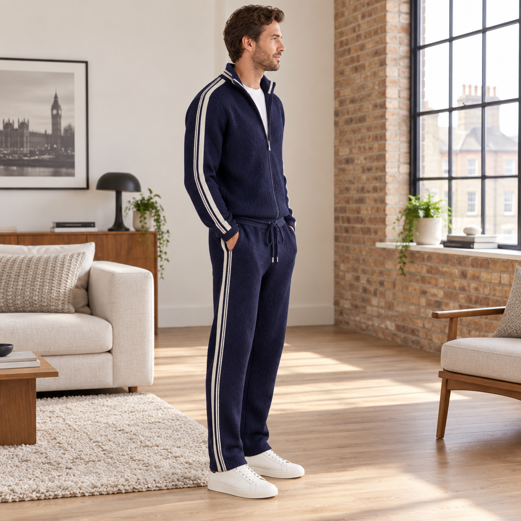 Full-length side view of the navy zip tracksuit