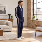 Full-length side view of the navy zip tracksuit