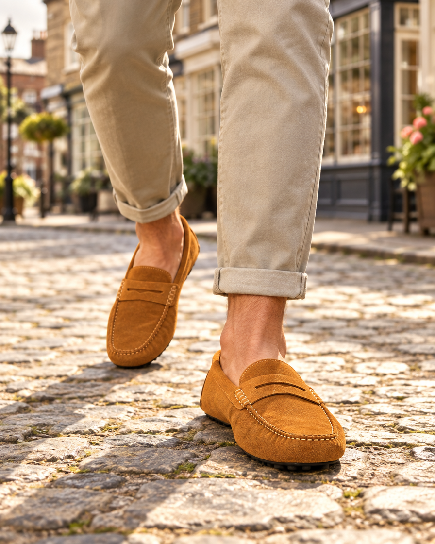 Caramel Chelsworth faux suede loafers worn on a cobbled English market-town lane