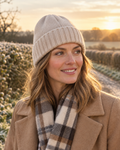 Woman wearing the sand Kelso soft knit beanie on a frosty English country lane