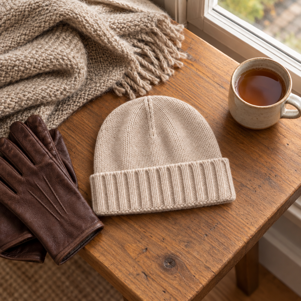 Sand knit beanie with gloves, scarf and a mug of tea
