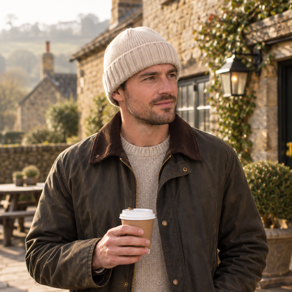 Man in the sand ribbed beanie outside a Cotswolds pub on a crisp morning
