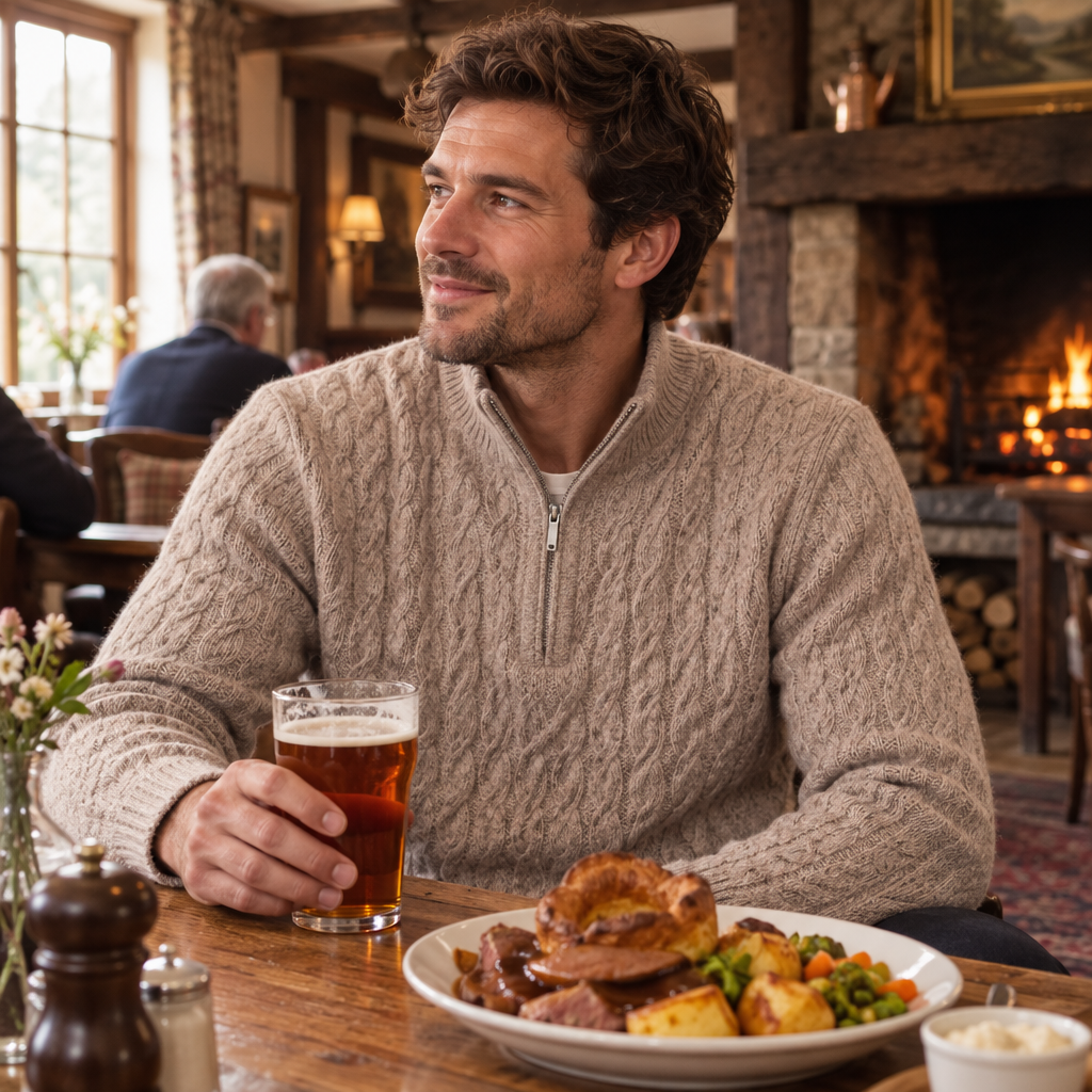 Beige half-zip knit polo at a Sunday lunch in a country pub