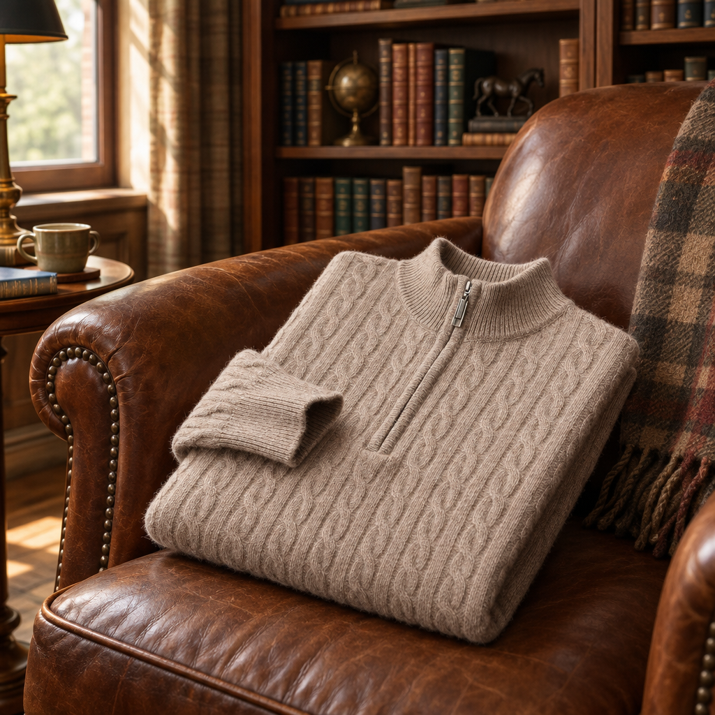 Beige knit polo folded on a leather armchair in a study