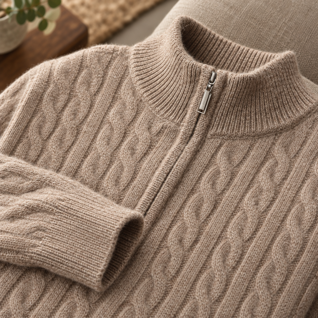 Close-up of the knit texture, zip and stand collar