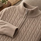Close-up of the knit texture, zip and stand collar