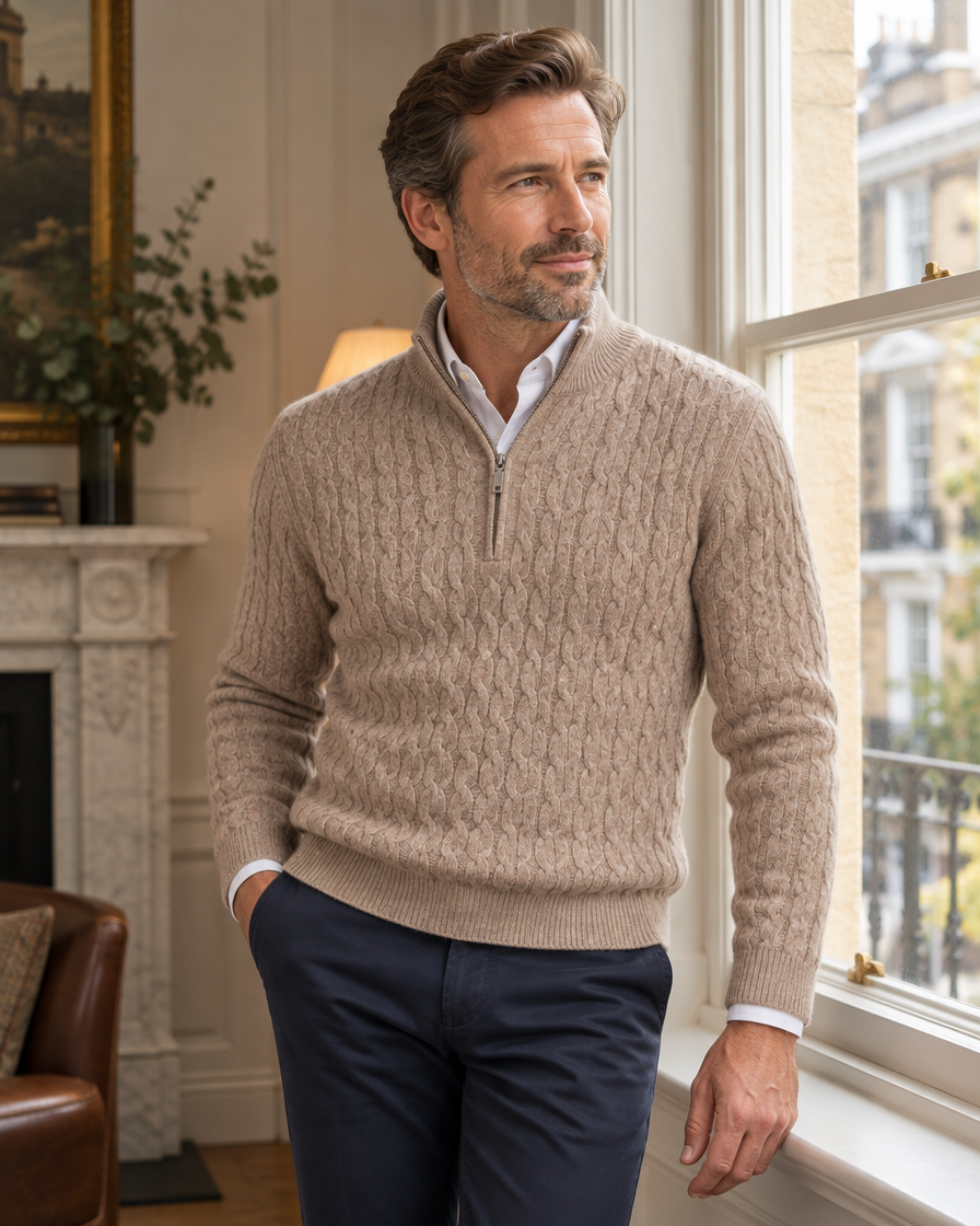Man wearing the beige Pemberton half-zip soft knit polo in a London townhouse