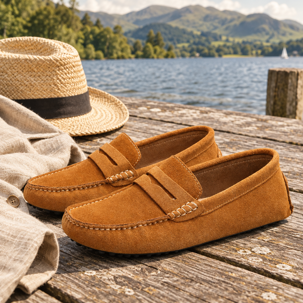 Caramel loafers on a wooden jetty with a straw hat