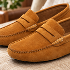 Close-up of the faux suede and apron-toe stitching