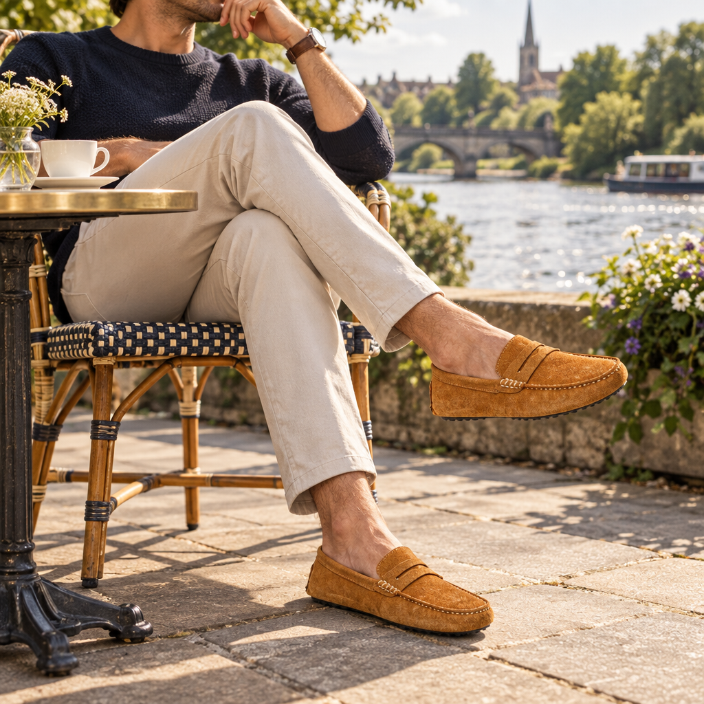 Caramel loafers worn sockless at a riverside café