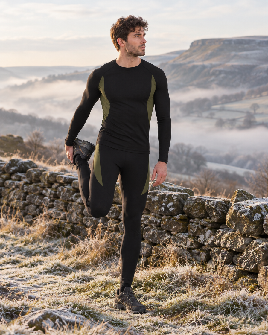 Man in the black Cairnmore thermal base layer set before a winter hike in the Peak District